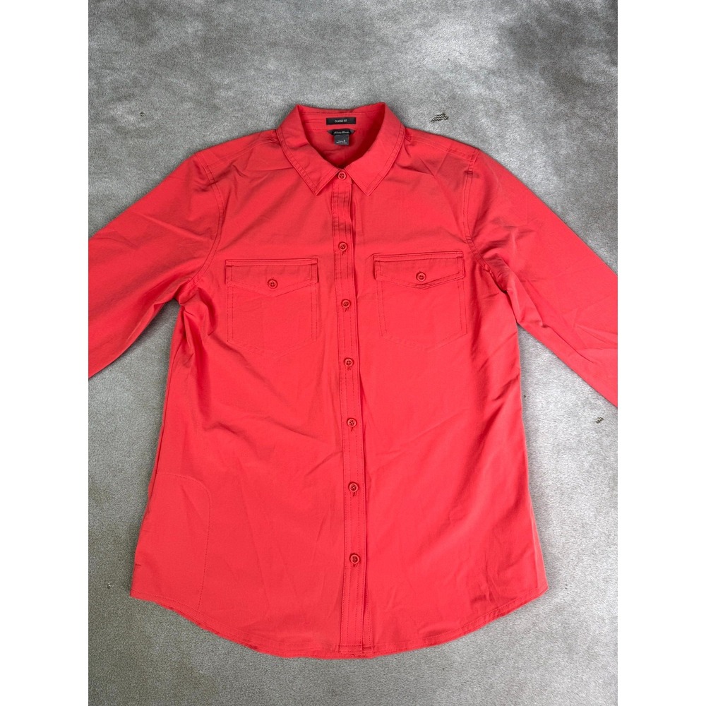Eddie Bauer Departure Shirt Womens Small Coral Red Stretch Classic Fit Button Up